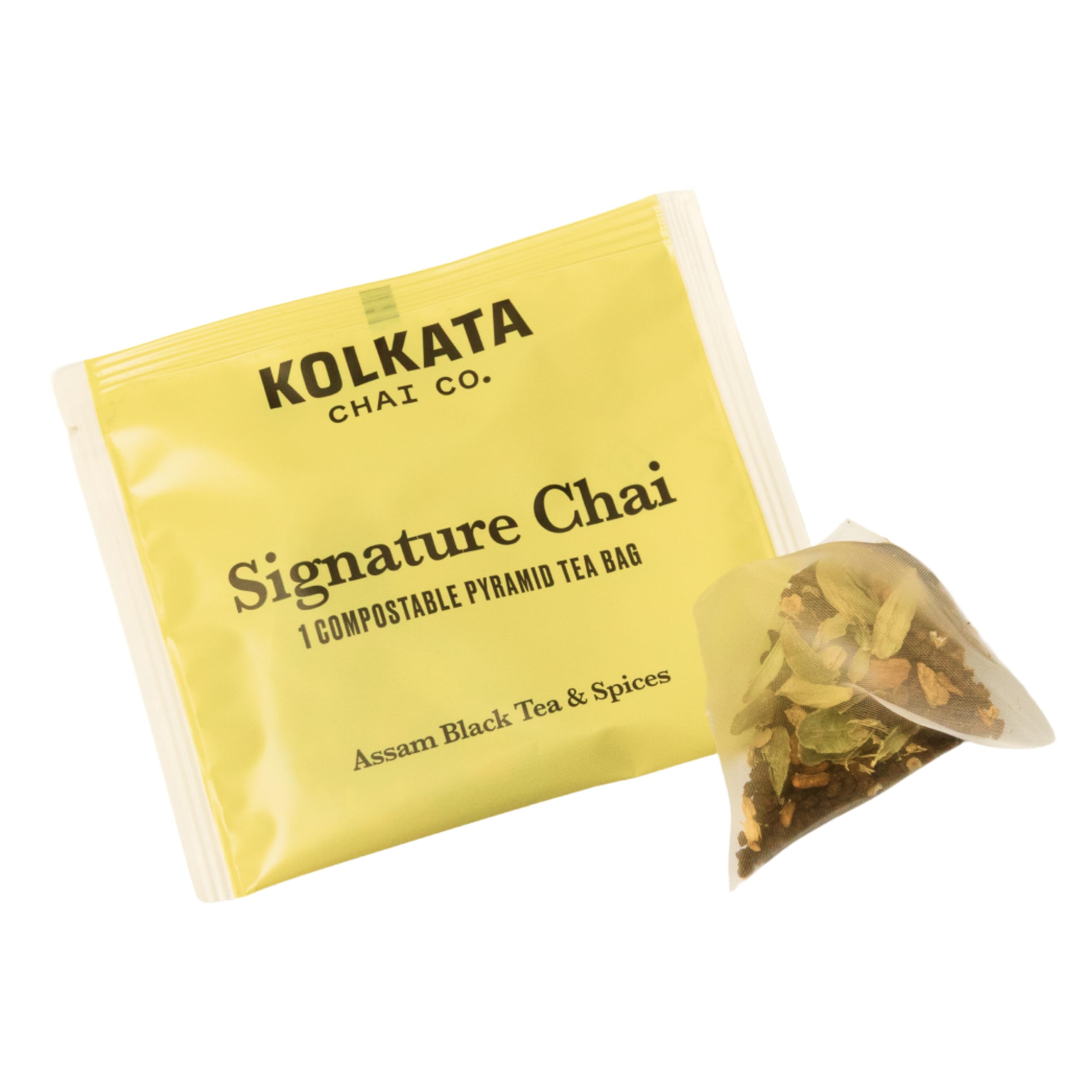 Kolkata Chai primer plano de una bolsita compostable y su textura natural