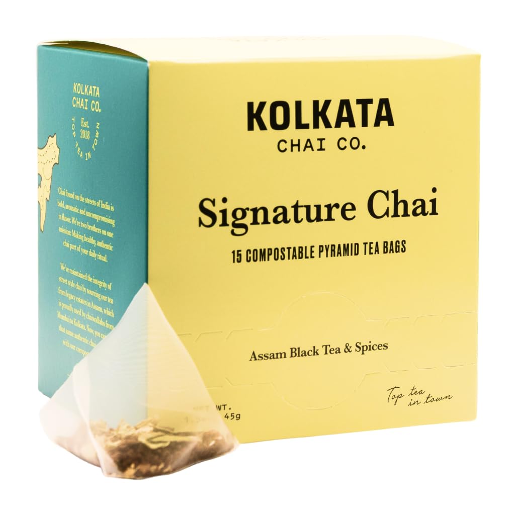 Kolkata Chai paquete frontal mostrando las 15 bolsitas y el diseño premium