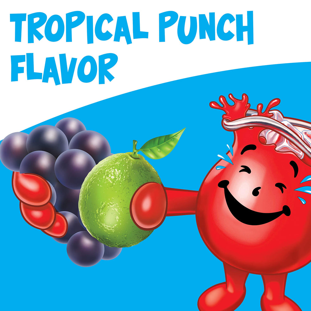 Kool-Aid comparación de tamaño del sobre junto a vaso, control de porciones