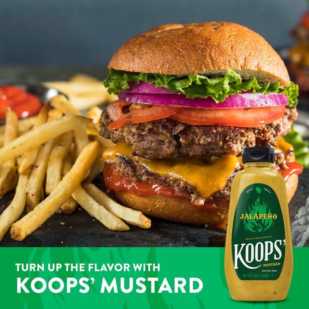 Koops mostaza jalapeño etiqueta con ingredientes y calidad visible