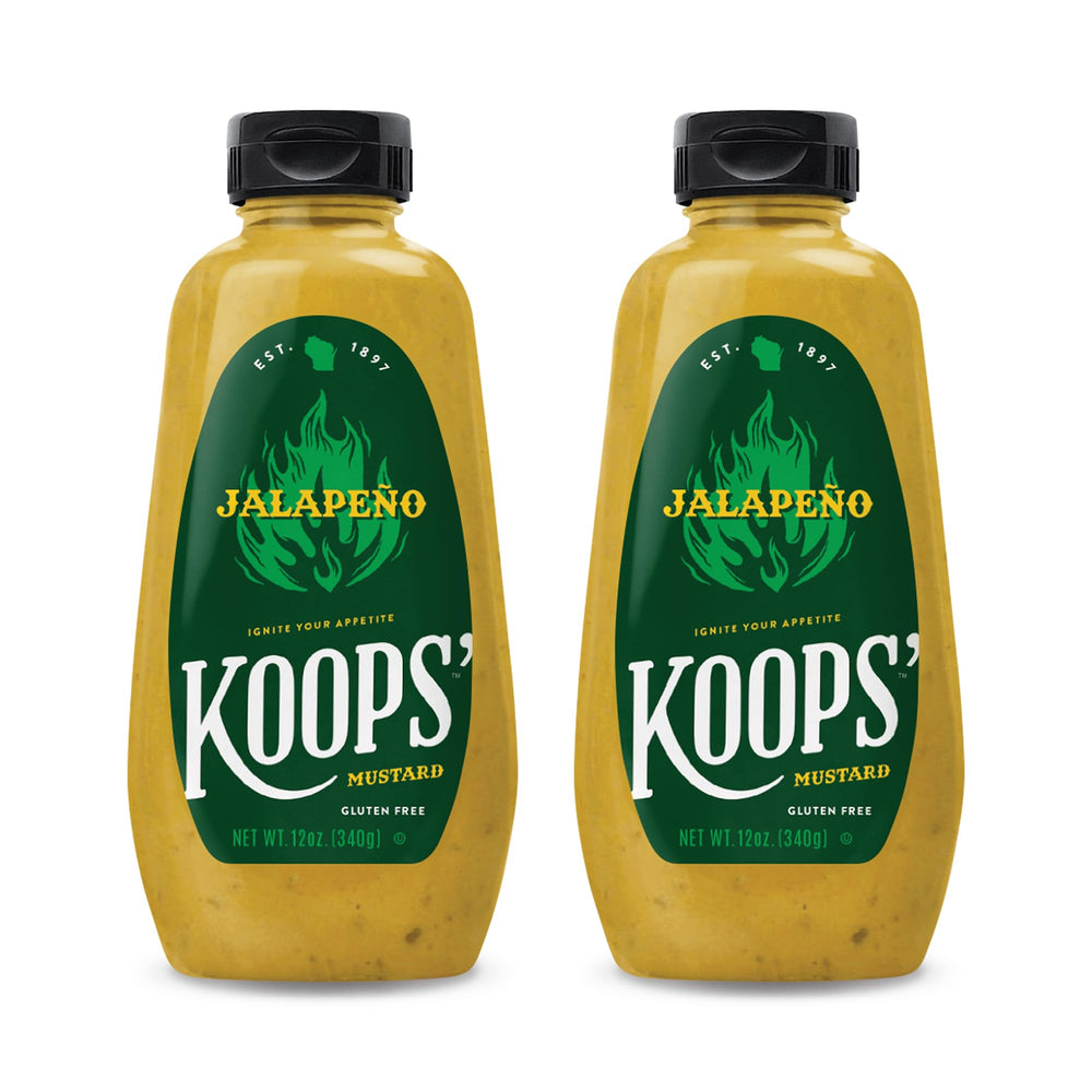 Koops mostaza jalapeño frente del envase mostrando tamaño y diseño