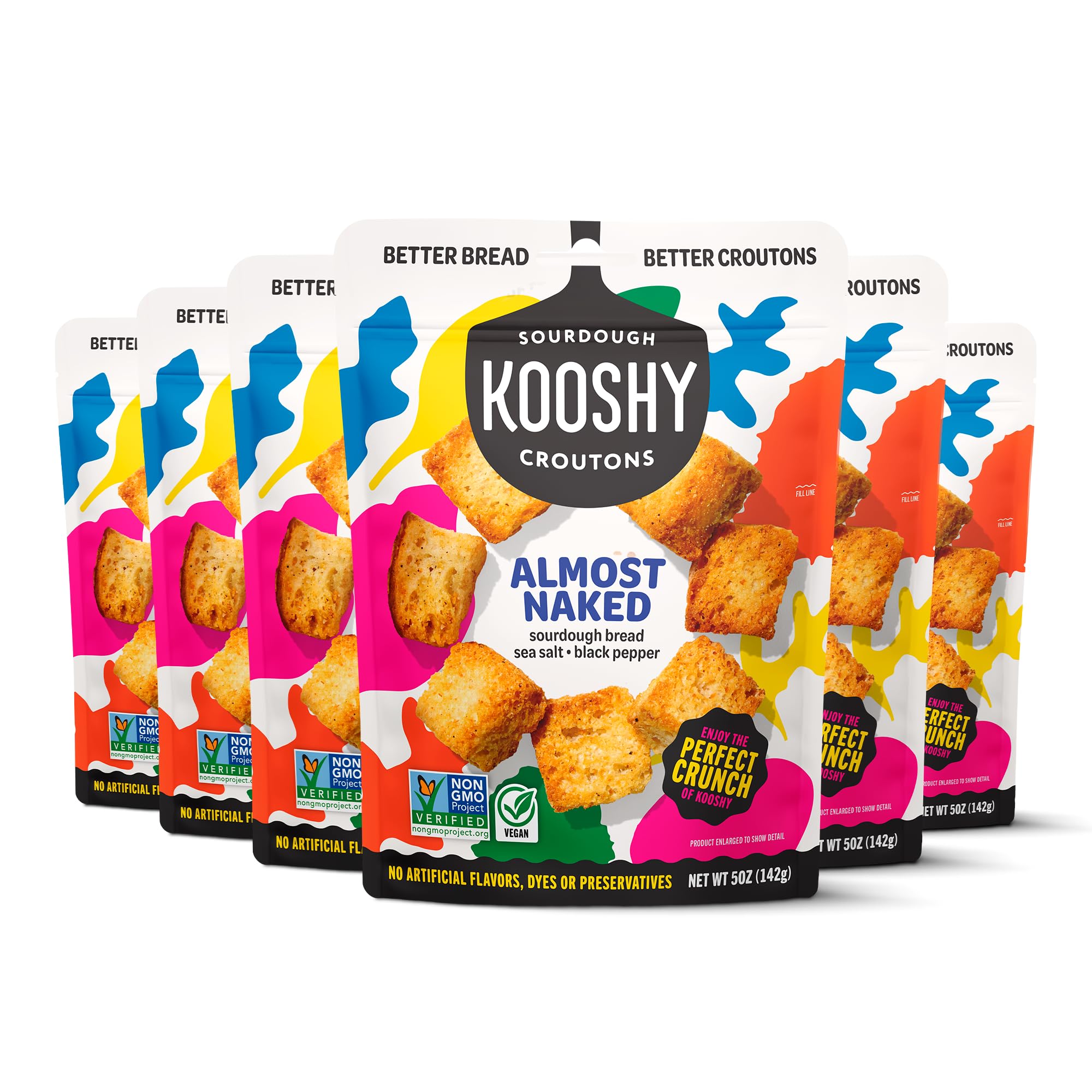 Kooshy Croutons vista frontal del paquete resellable mostrando el producto y beneficios