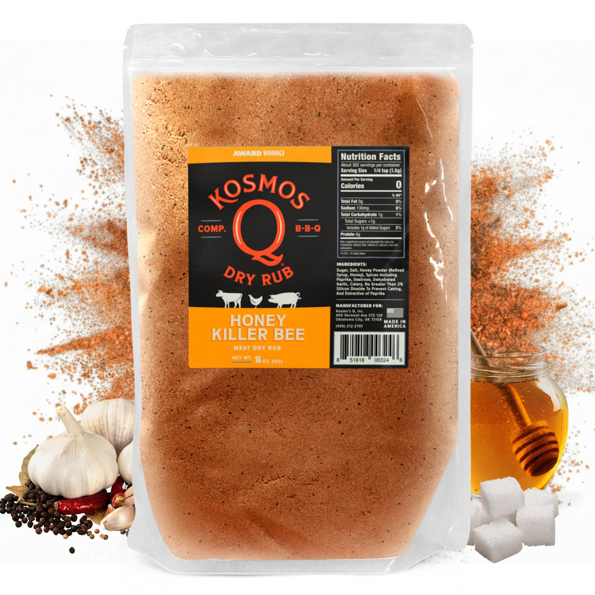 Kosmos Q frasco frontal 16 oz mostrando etiqueta y dosificador, ideal para almacenamiento