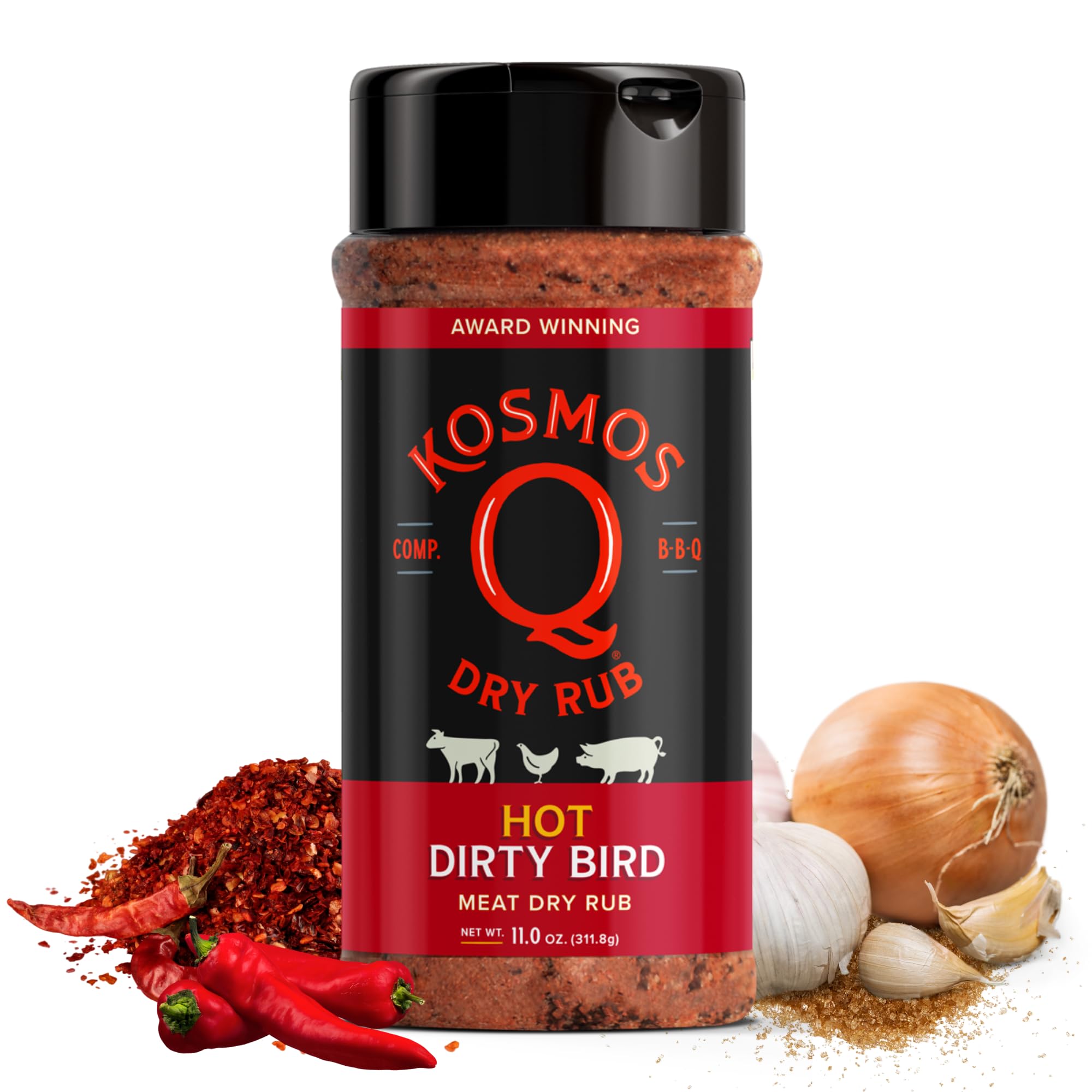 Kosmos Q frasco Hot Dirty Bird frente, muestra diseño y uso fácil