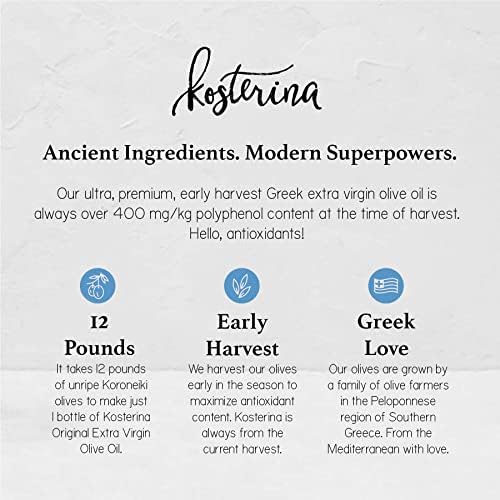 Kosterina detalle de la etiqueta con origen Koroneiki y calidad