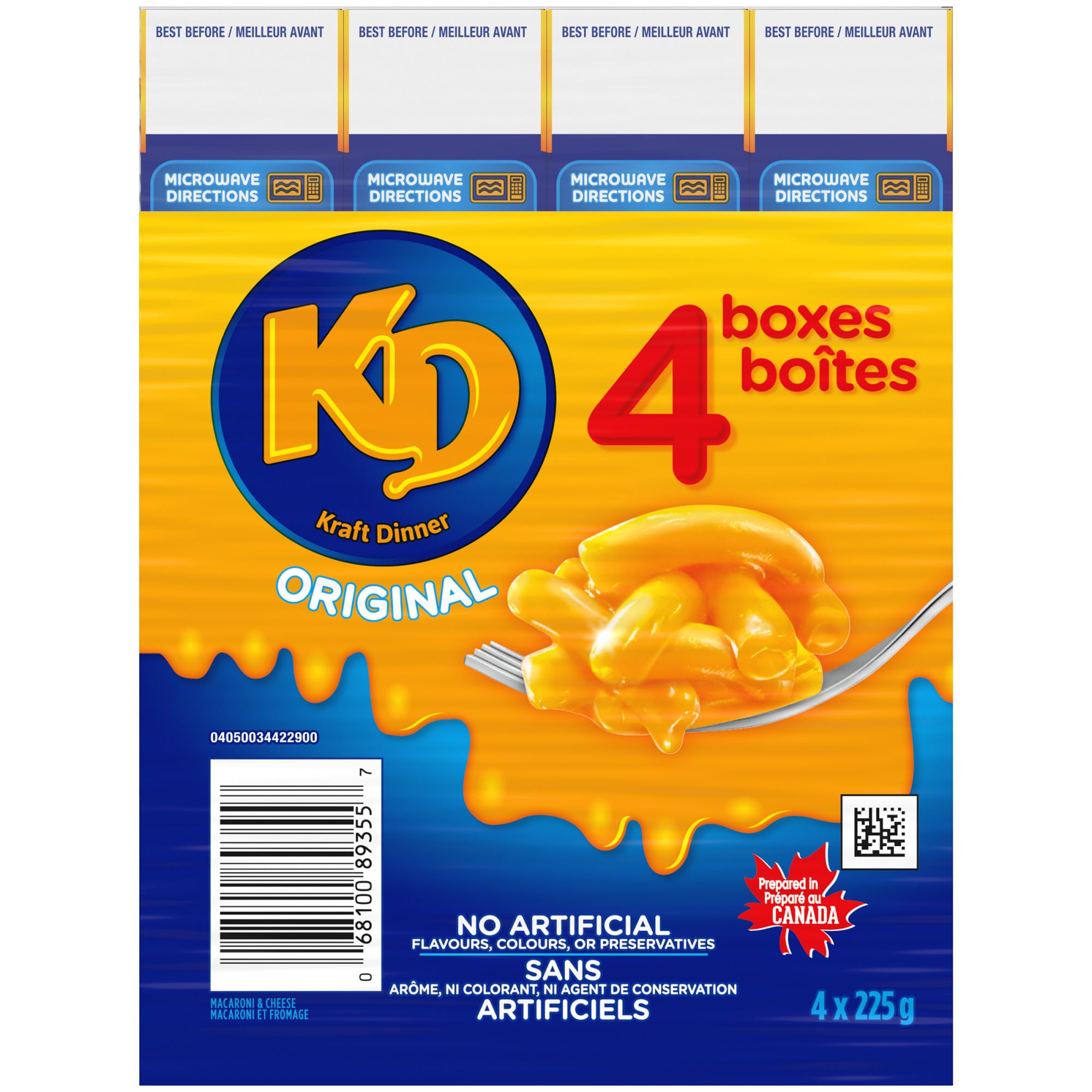 Kraft Dinner caja abierta mostrando sobre de mezcla y rápida preparación