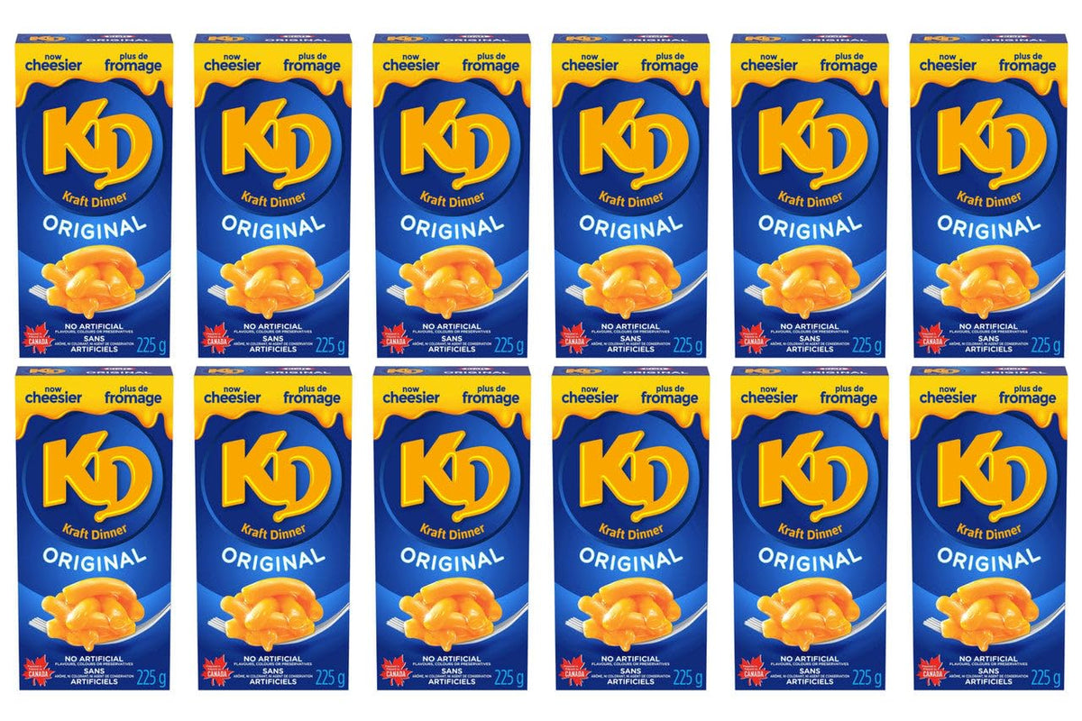 Kraft Dinner empaque frontal mostrando caja azul y sello clásico, conveniencia instantánea