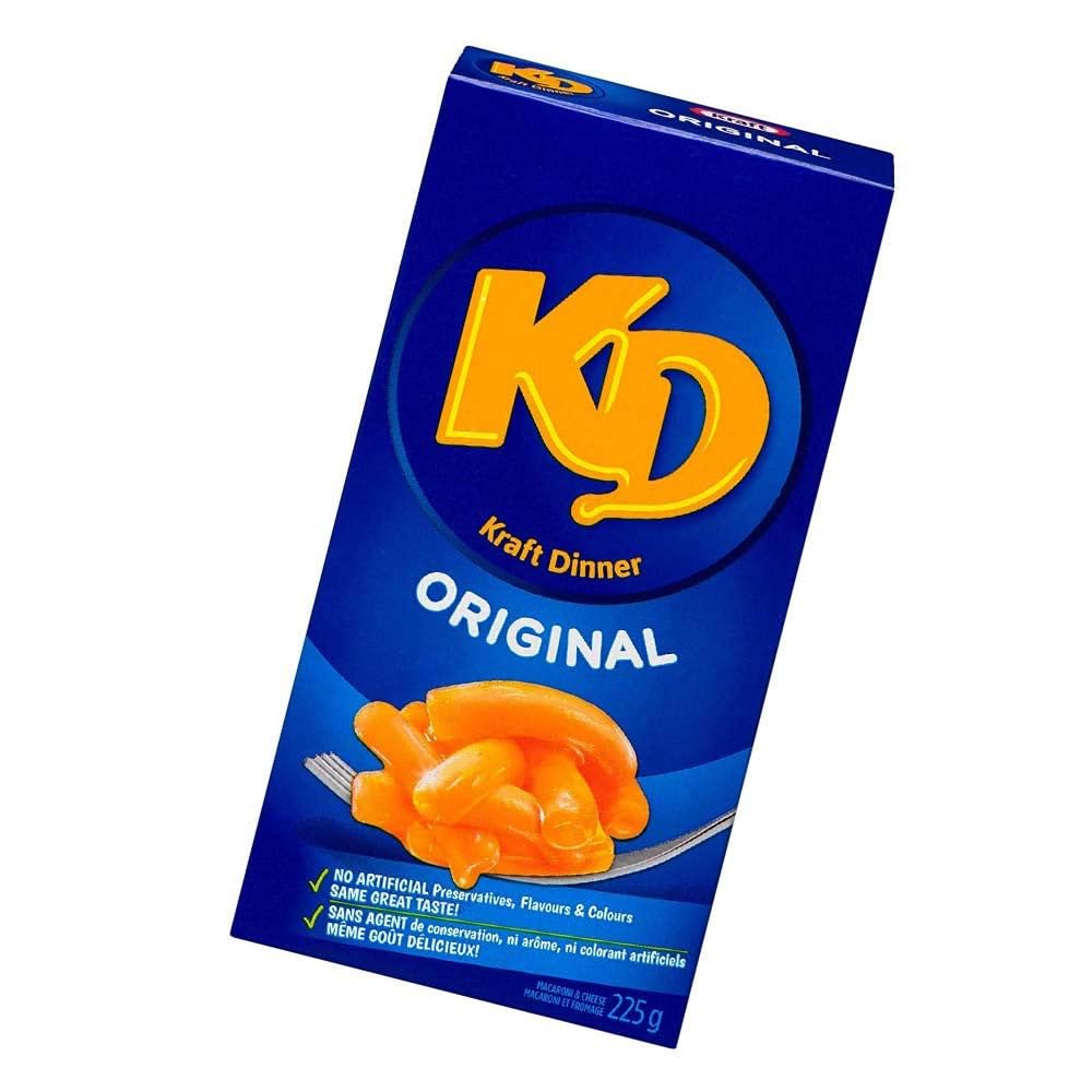 Kraft Dinner etiqueta nutricional visible en caja, información clara para el comprador