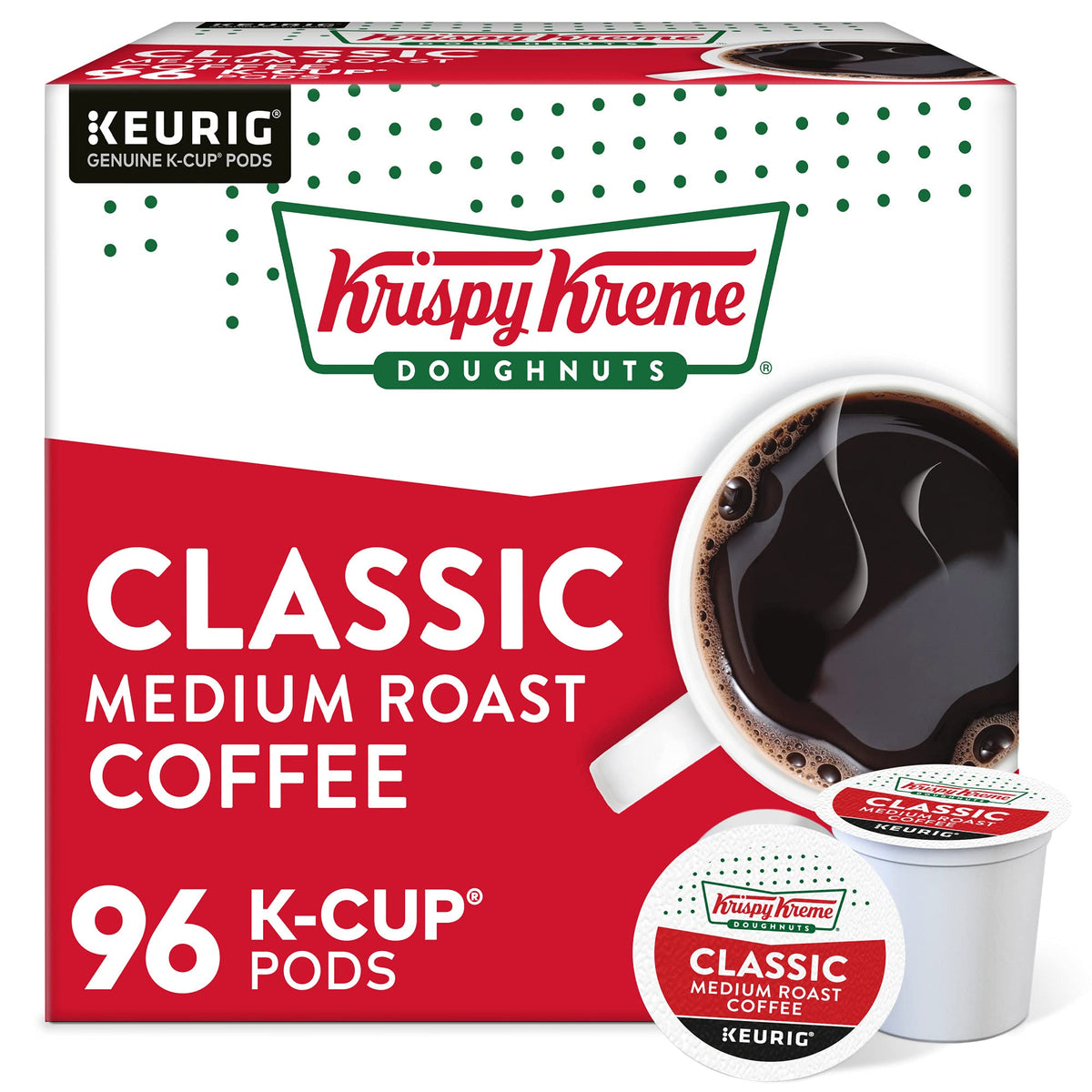 Krispy Kreme empaque frontal mostrando 96 cápsulas para abastecimiento rápido