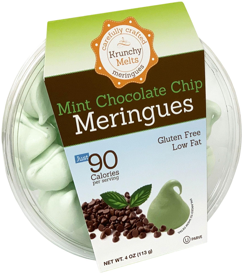 Krunchy Melts envase frontal mostrando merengues mint chocolate chip para un snack ligero