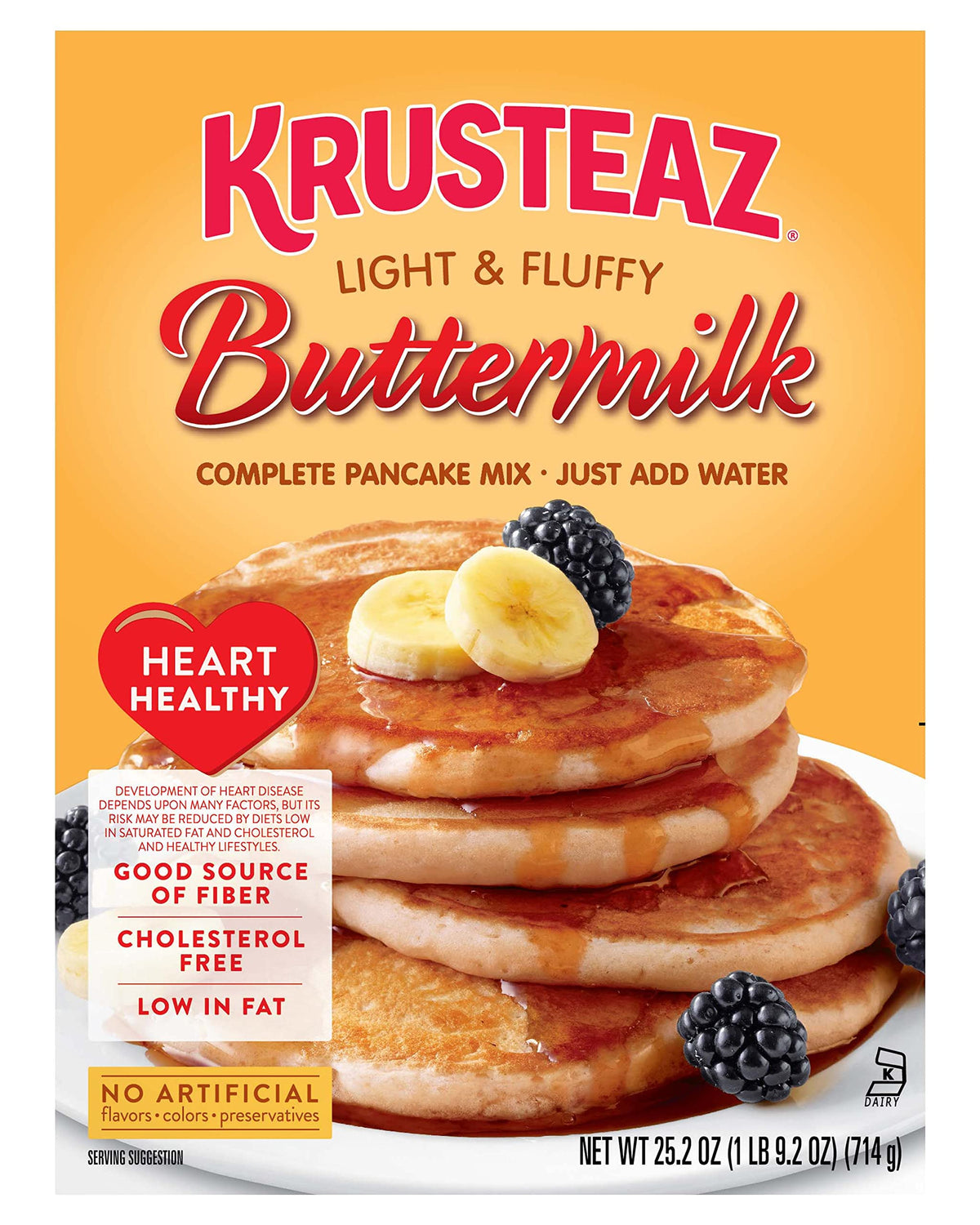 Krusteaz caja frontal Heart Healthy Buttermilk mostrando presentación y beneficio práctico