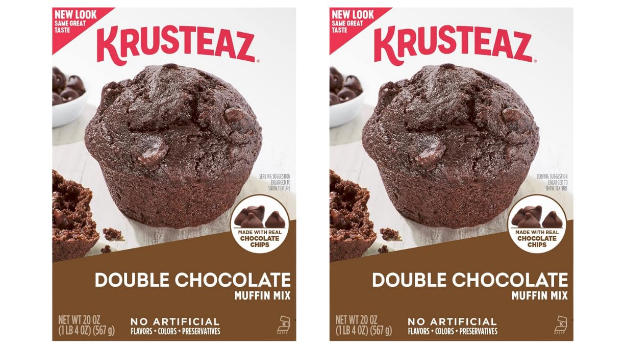 Krusteaz empaque frontal doble chocolate mostrando la marca y beneficio de sabor intenso