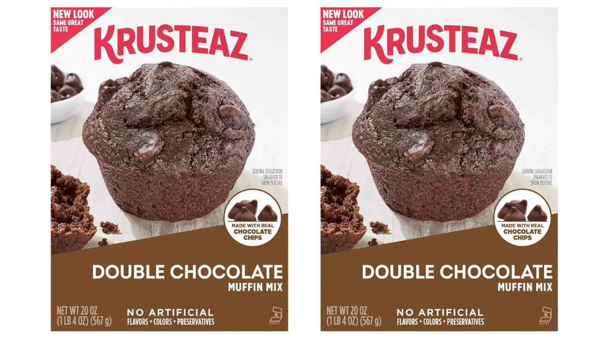 Krusteaz empaque frontal doble chocolate mostrando la marca y beneficio de sabor intenso