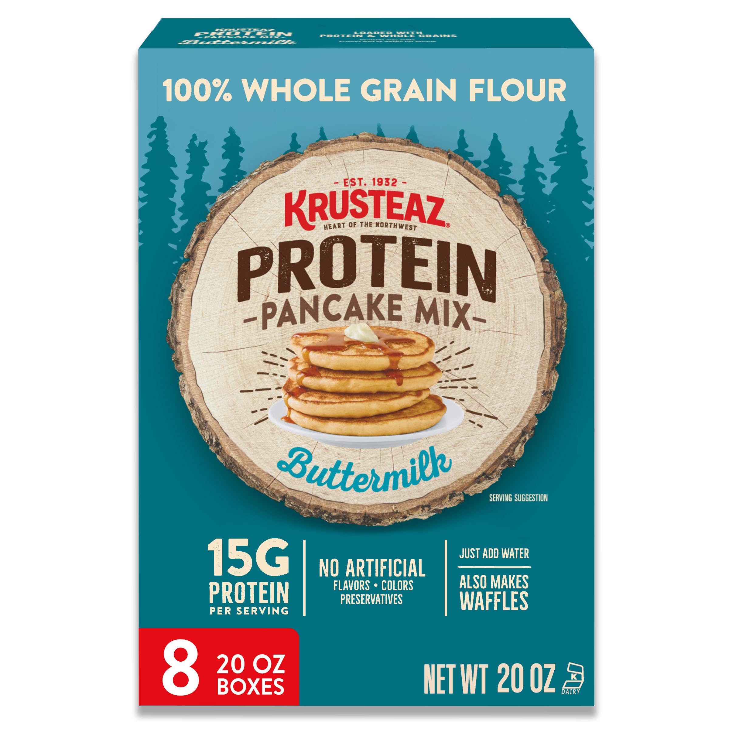 Krusteaz empaque frontal mostrando mezcla y beneficio de 15 g proteína
