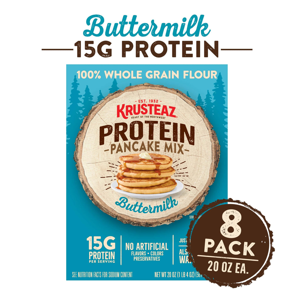 Krusteaz pancakes apilados con sirope mostrando apariencia apetecible