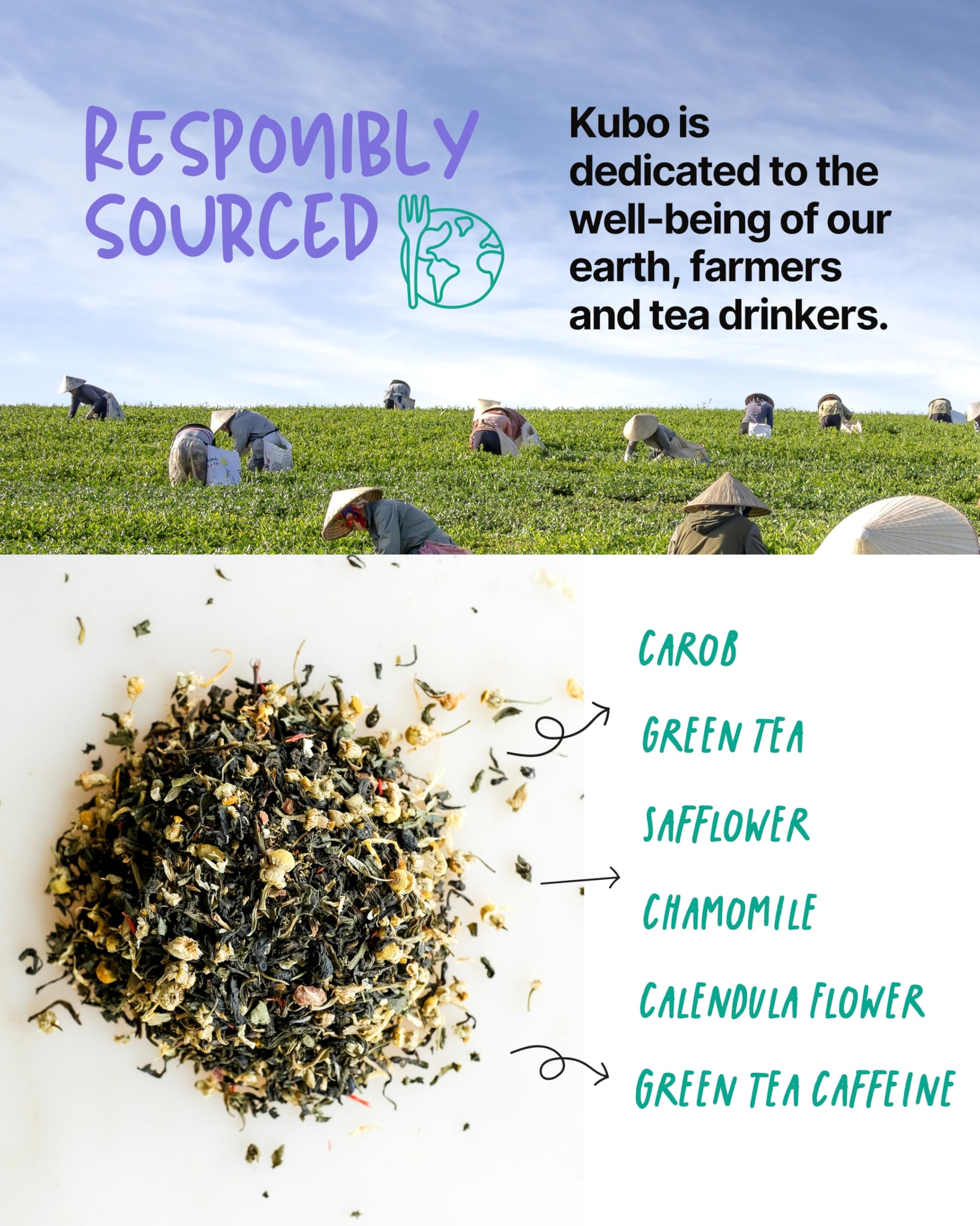 Kubo Tea bolsitas compostables enfatizando ecoamigabilidad