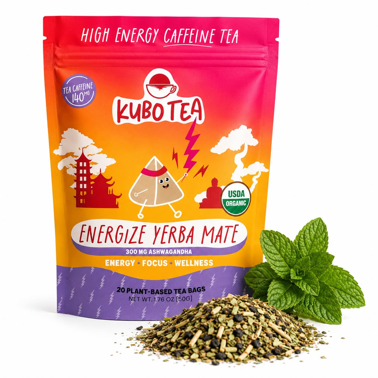 Kubo Tea paquete frontal mostrando marca y energía natural