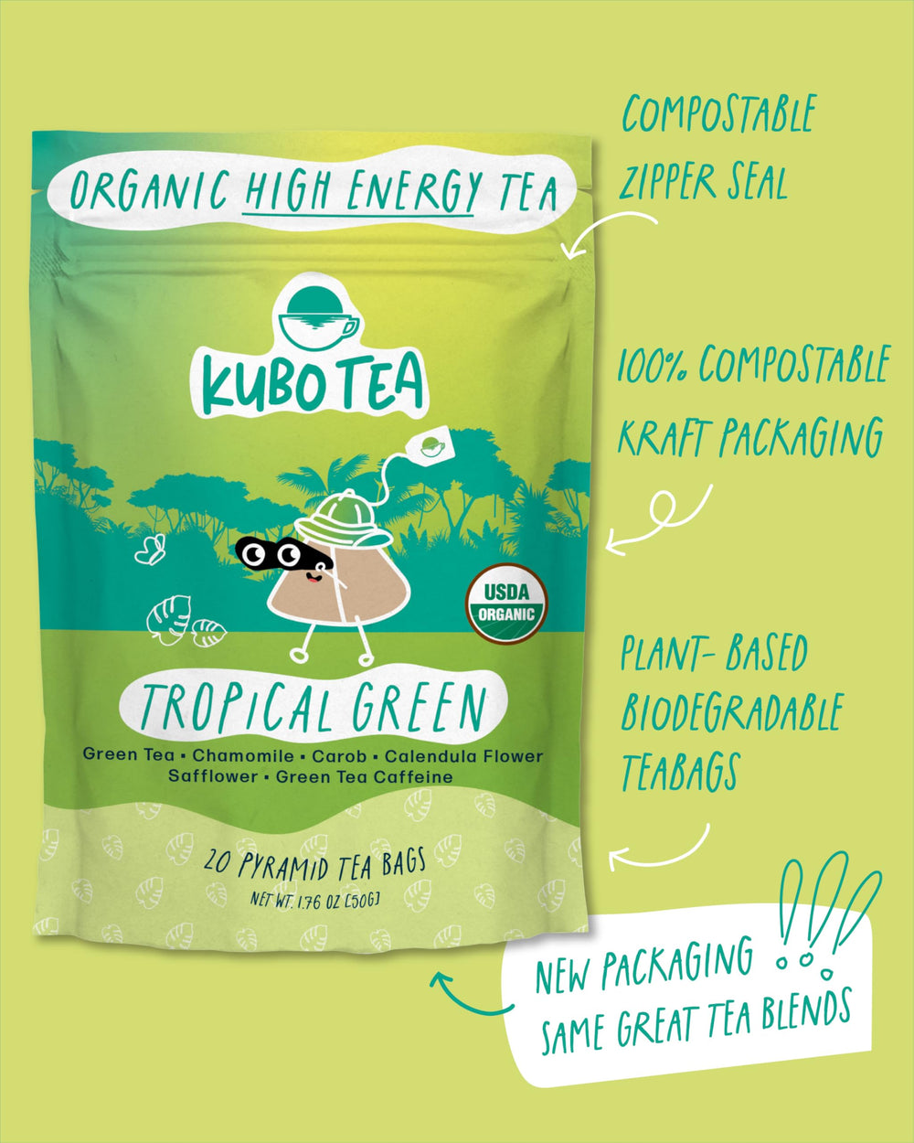 Kubo Tea paquete abierto con 20 bolsitas indicando cantidad práctica