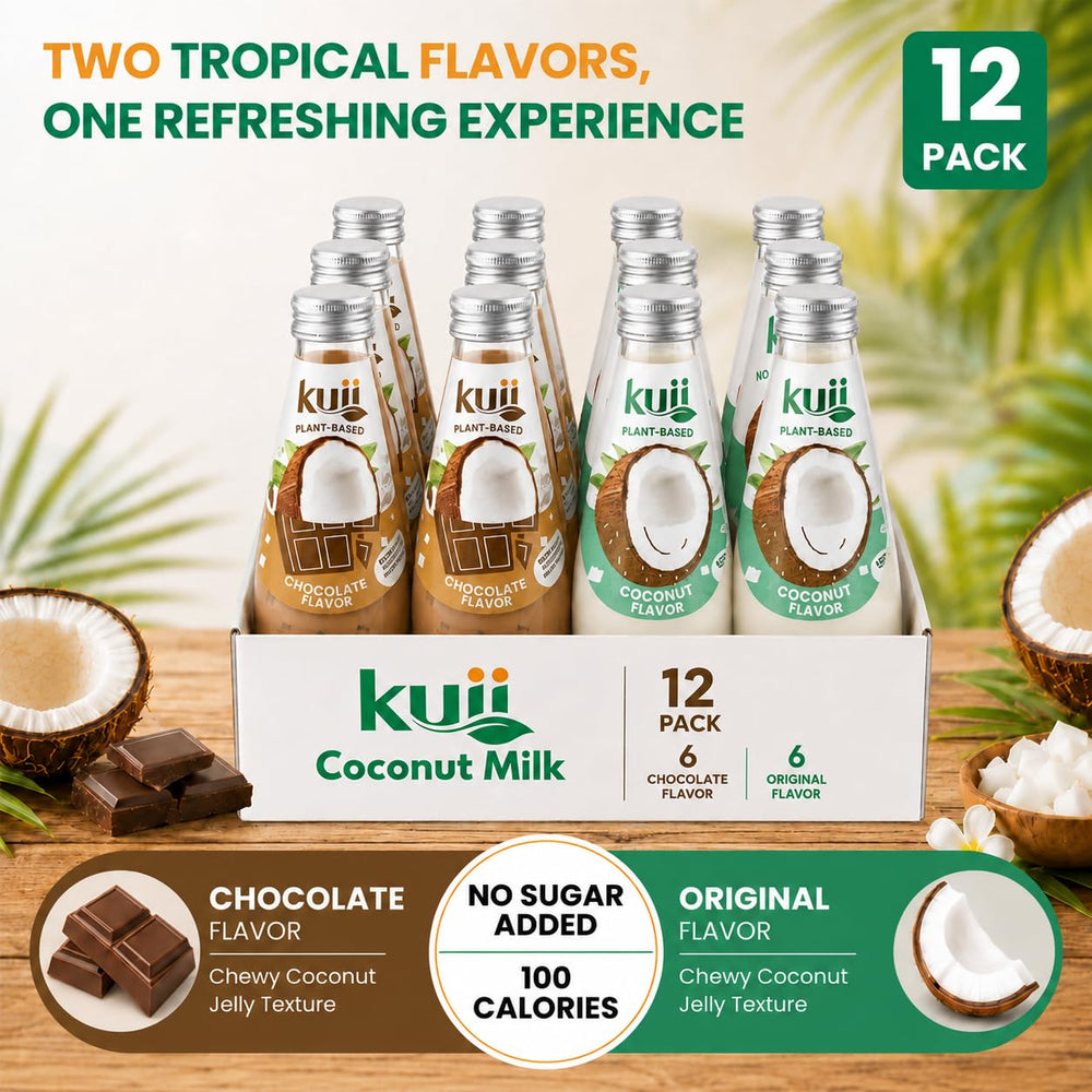 KUII botellas en mesa con decoración tropical, evoca origen tailandés y disfrute