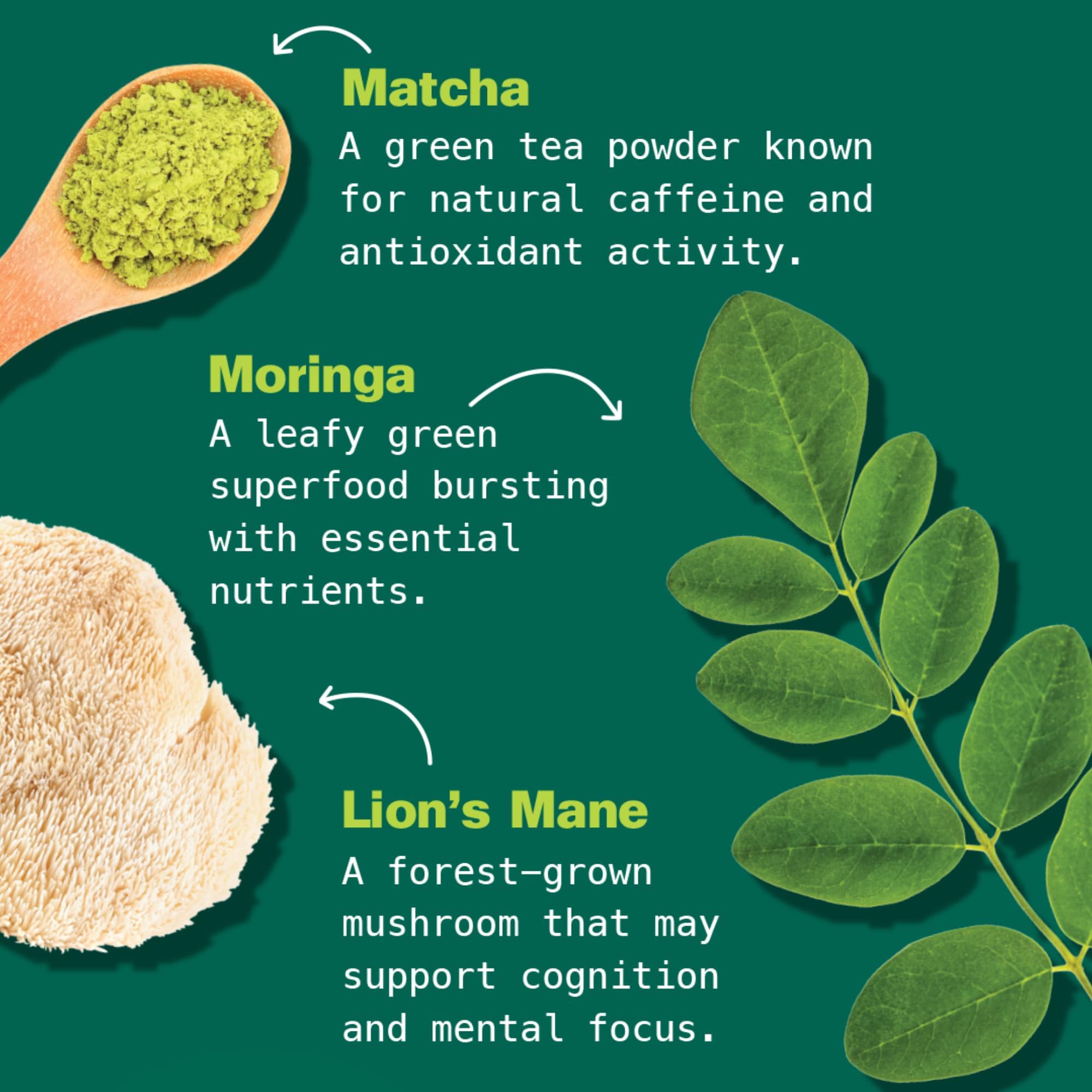 Kuli Kuli ingredientes: matcha, moringa y Lion's Mane, mezcla funcional