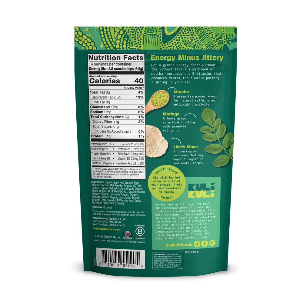 Kuli Kuli polvo en cuchara con textura fina, fácil disolución