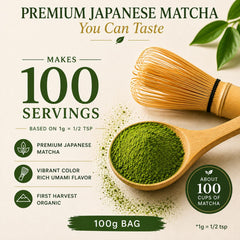 Kyoto Dew Matcha cucharilla con polvo que indica porciones y uso