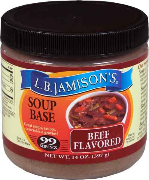 L.B. Jamison's tarro frontal con etiqueta visible y beneficio de sabor casero