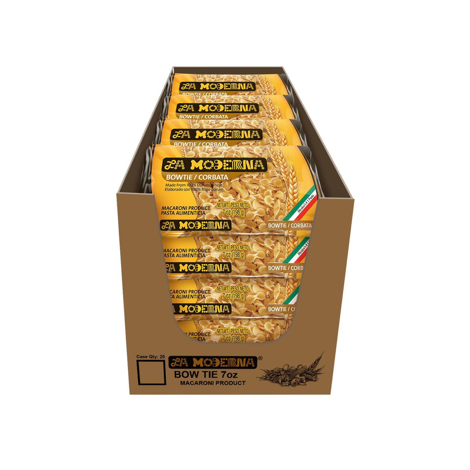 La Moderna envase frontal muestra paquete de 7 oz y ventaja de stock