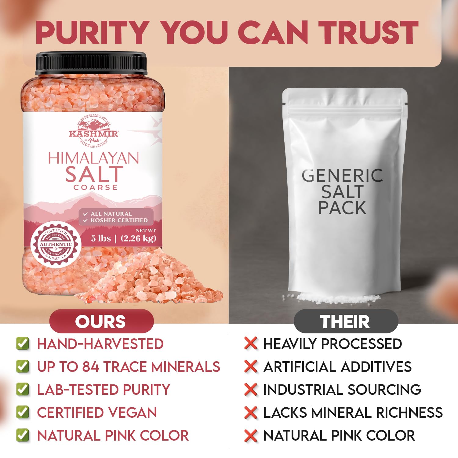 LA SALT CO etiqueta con certificaciones kosher y vegana, confianza de calidad