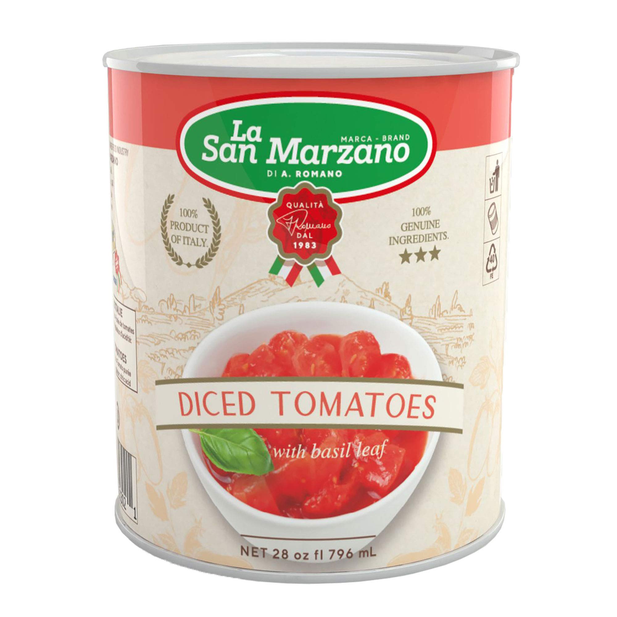La San Marzano frente del empaque mostrando seis latas y conveniencia