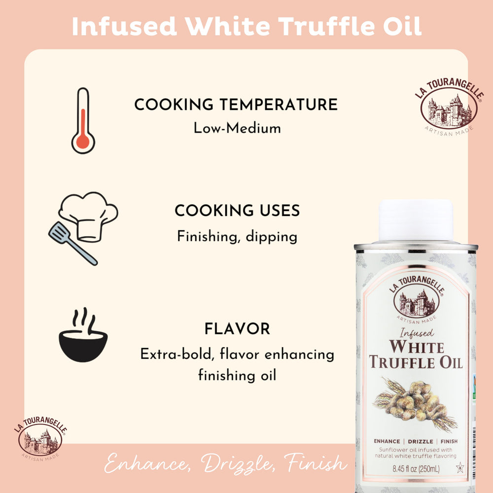 La Tourangelle aceite trufado blanco rociado sobre papas fritas realzando aroma y sabor