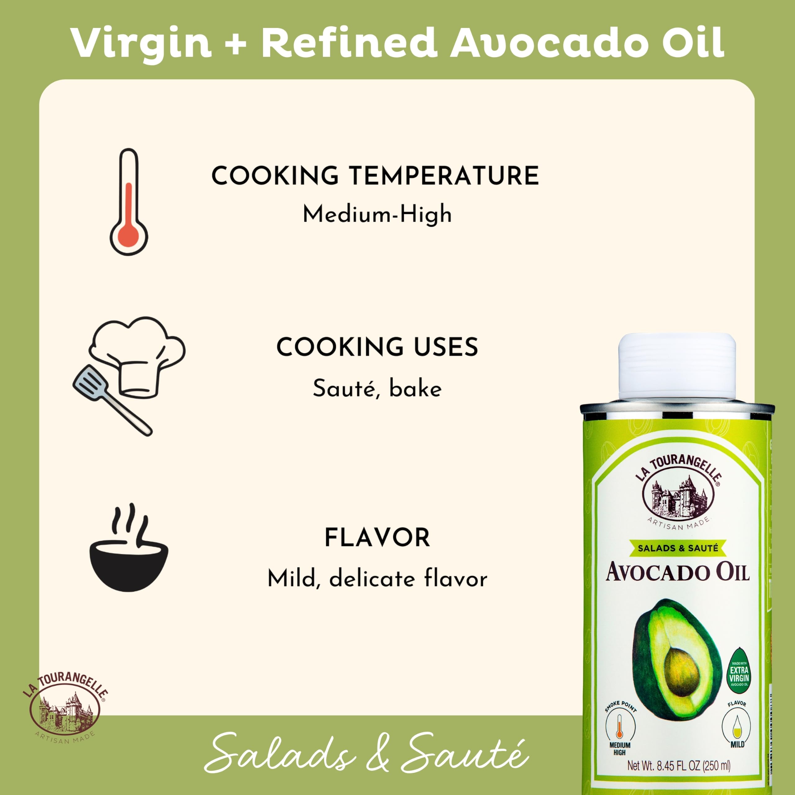 La Tourangelle aliñando ensalada con aceite de aguacate para realzar sabores frescos