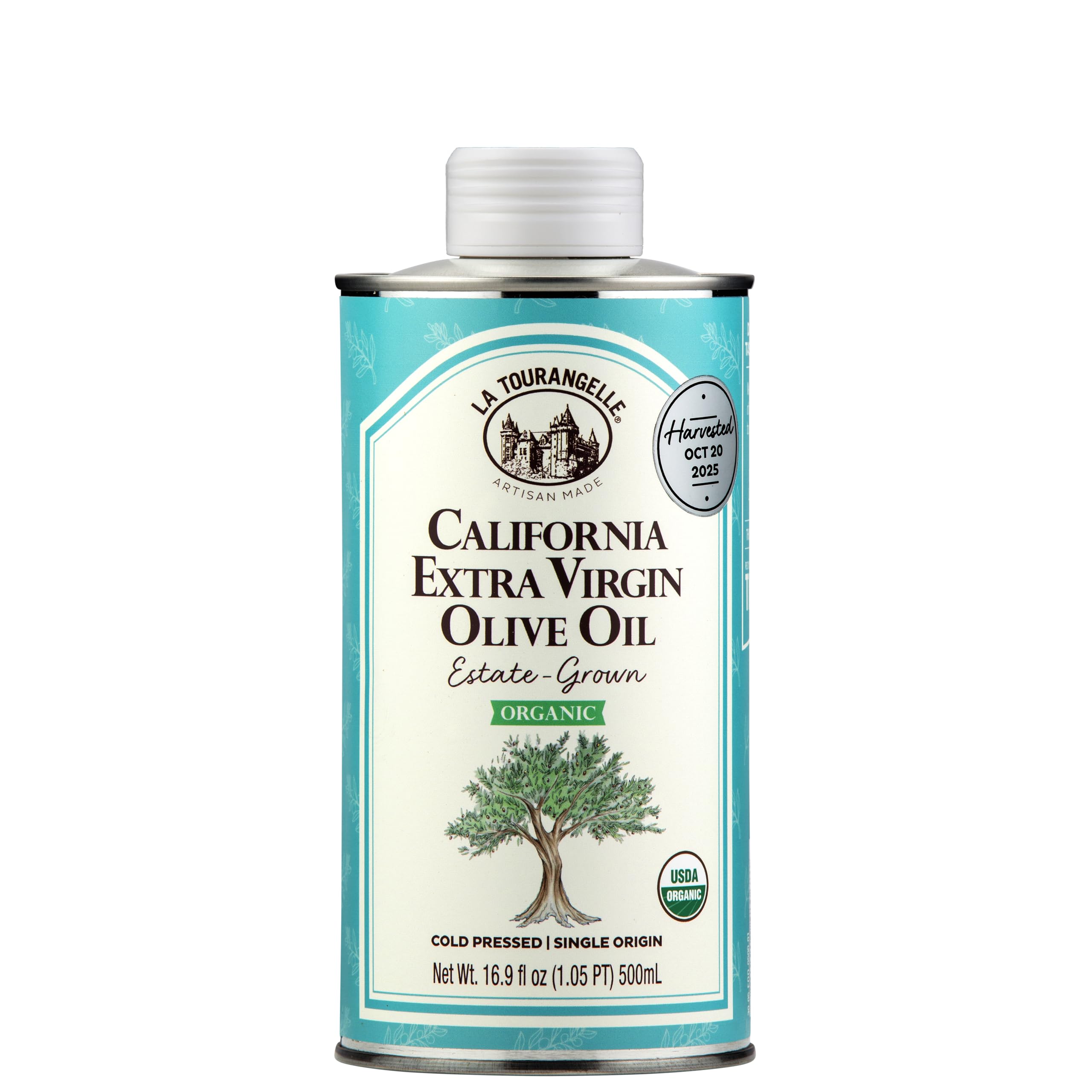 La Tourangelle botella frontal del aceite de oliva virgen extra mostrando etiqueta clara y atractiva