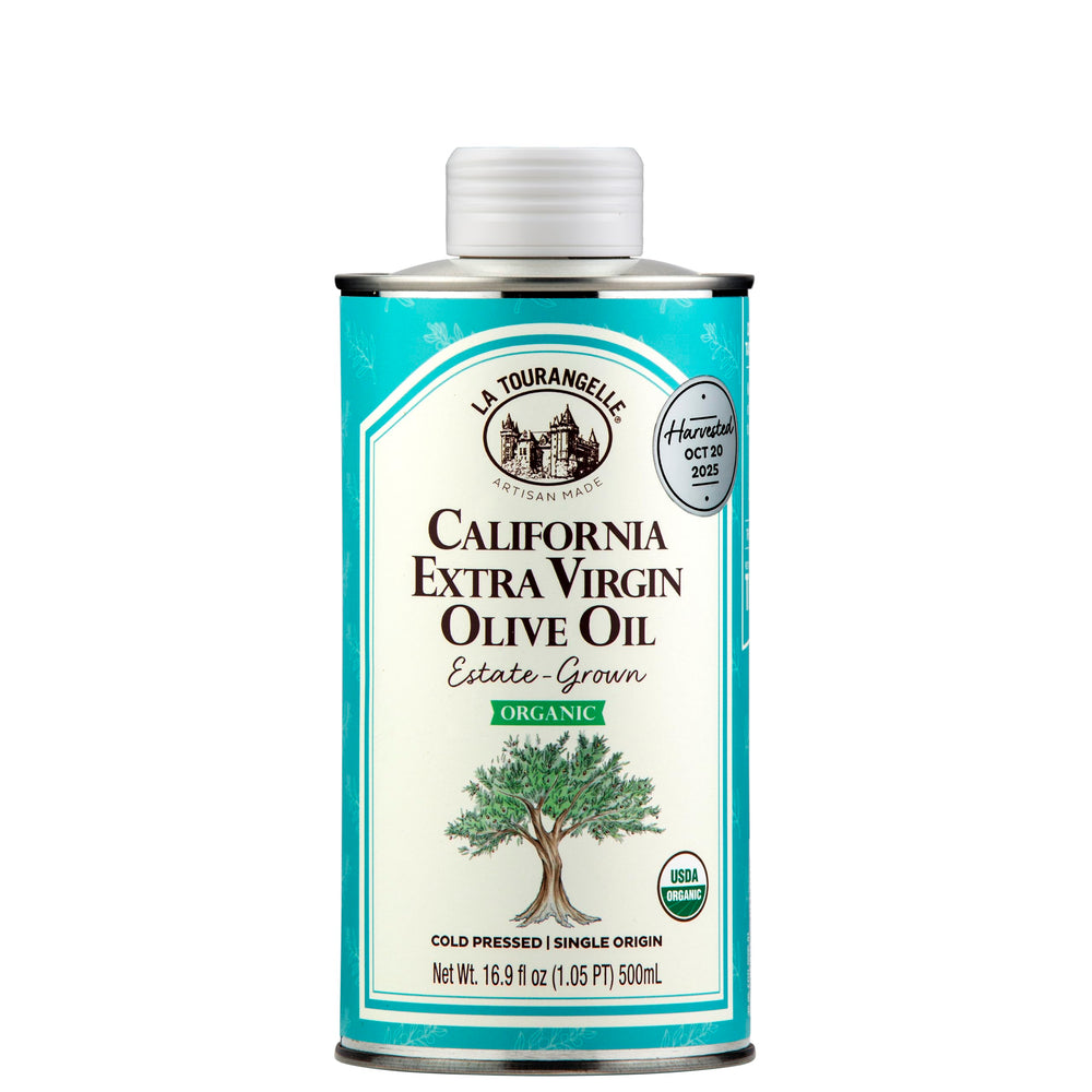 La Tourangelle botella frontal del aceite de oliva virgen extra mostrando etiqueta clara y atractiva