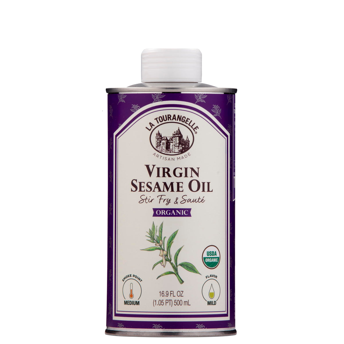 La Tourangelle botella frontal de aceite de sésamo mostrando envase y marca, ideal para despensa