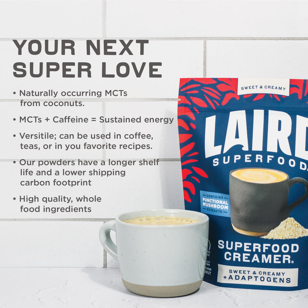 Laird Superfood polvo en bol con cuchara medidora, beneficio dosificación sencilla