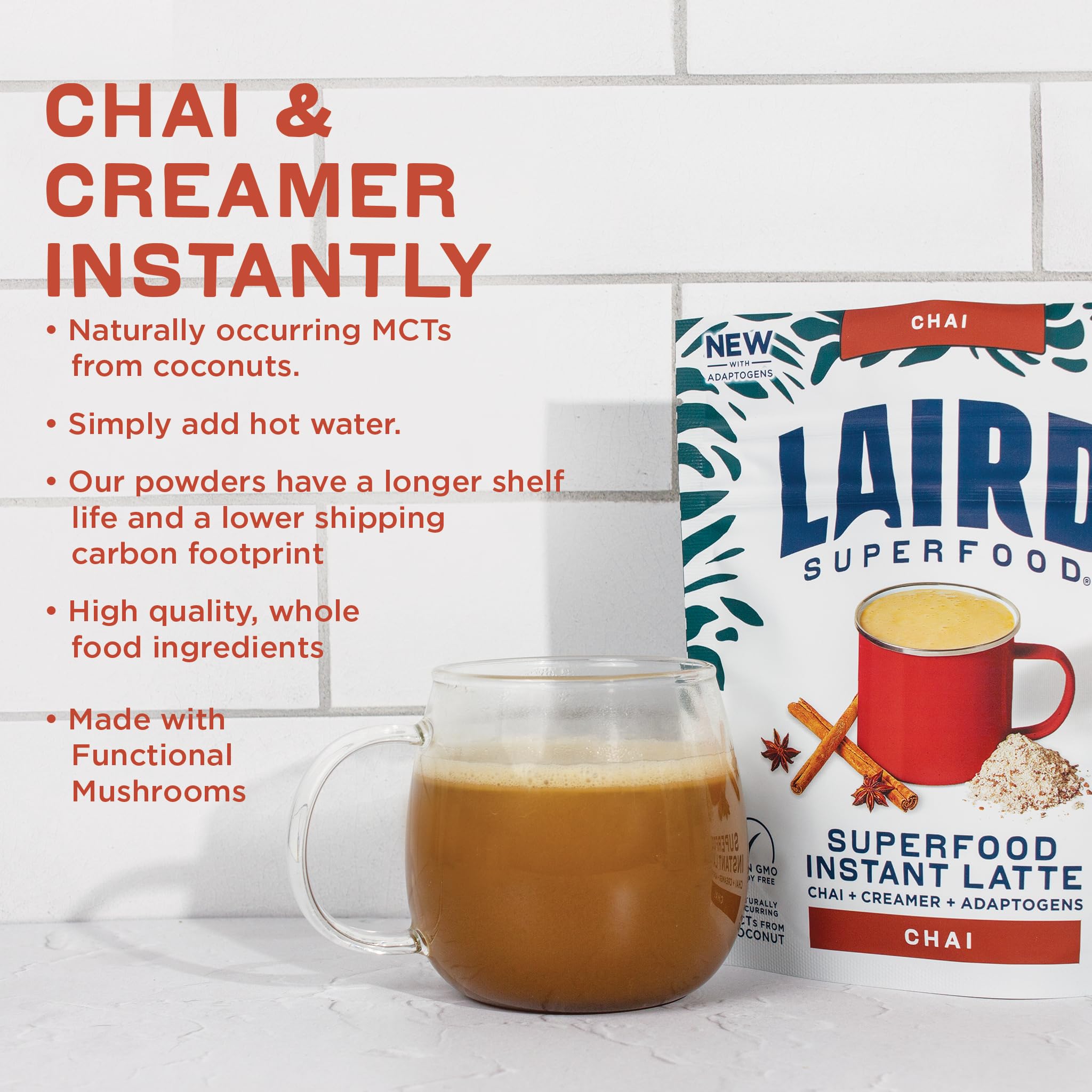 Laird Superfood bolsa junto a una regla, comparación de tamaño y portabilidad