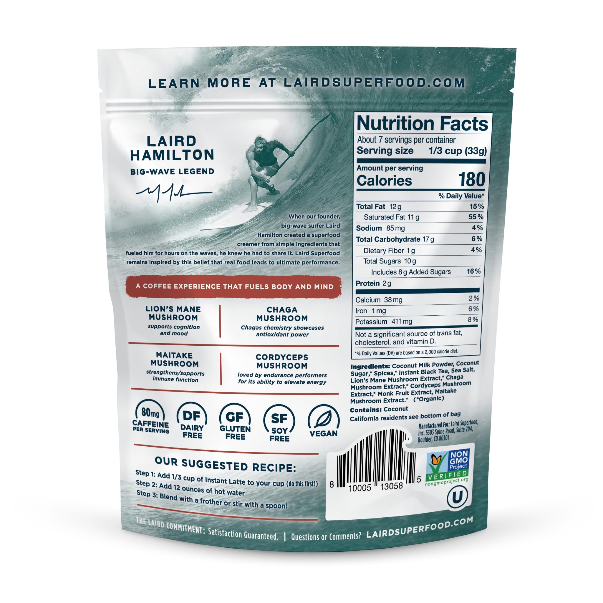 Laird Superfood polvo de chai visto de cerca, textura fina que se disuelve fácil
