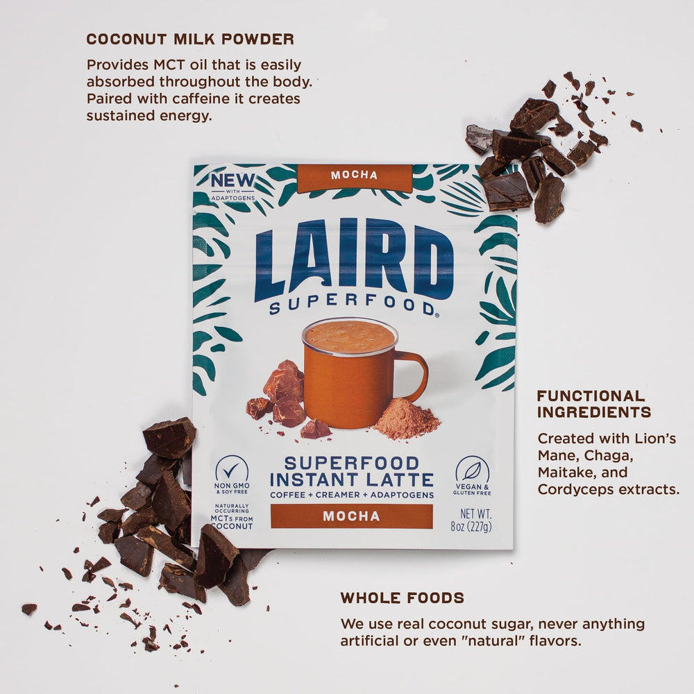 Laird Superfood botella de viaje en uso para preparar latte instantáneo portátil