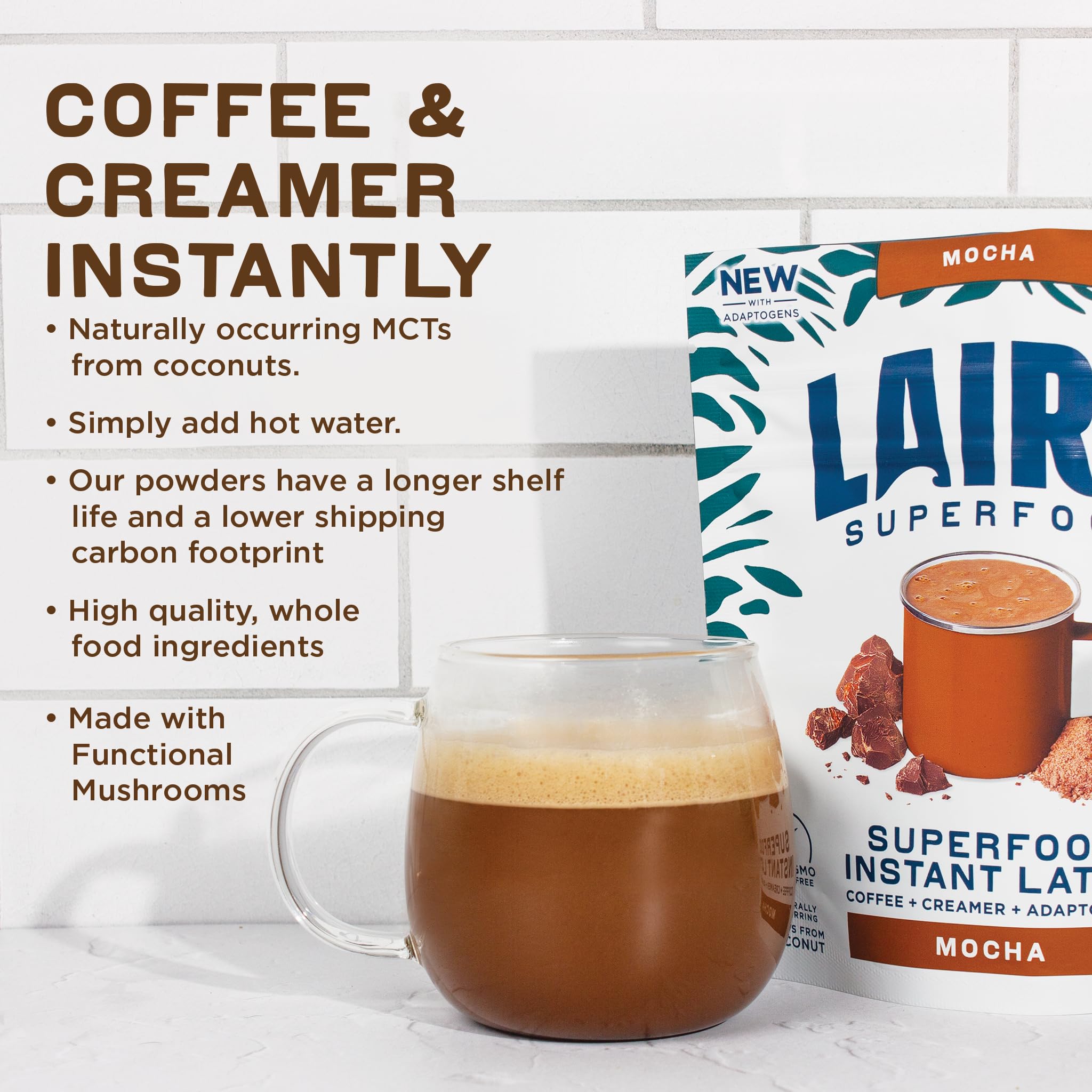 Laird Superfood bolsa junto a una regla para comparar el tamaño de 8 oz