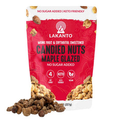 Lakanto empaque frontal de nueces glaseadas maple, snack sin azúcar añadido