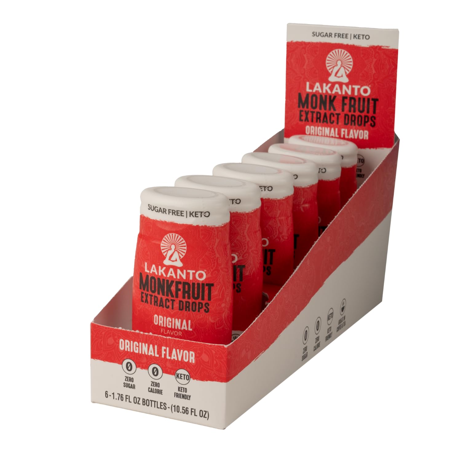 Lakanto botella frontal pack de 6 mostrando envases portátiles y práctico suministro