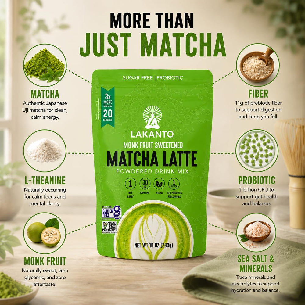 Lakanto bolsa abierta con contenido de matcha, conserva frescura y aroma