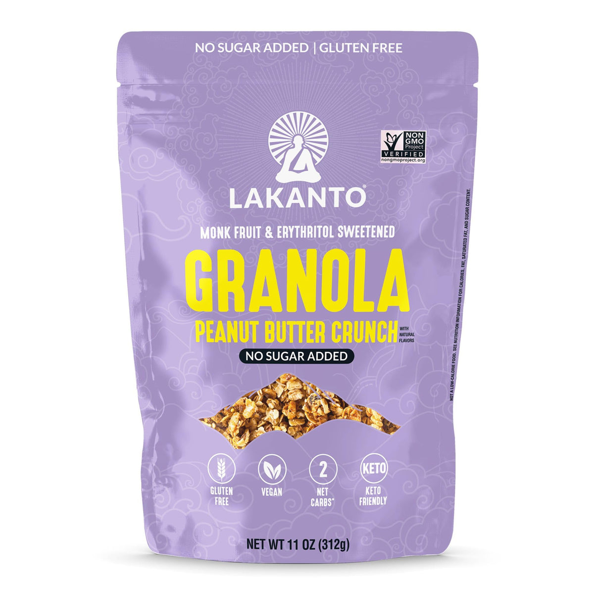 Lakanto paquete frontal mostrando granola sin azúcar y beneficio práctico