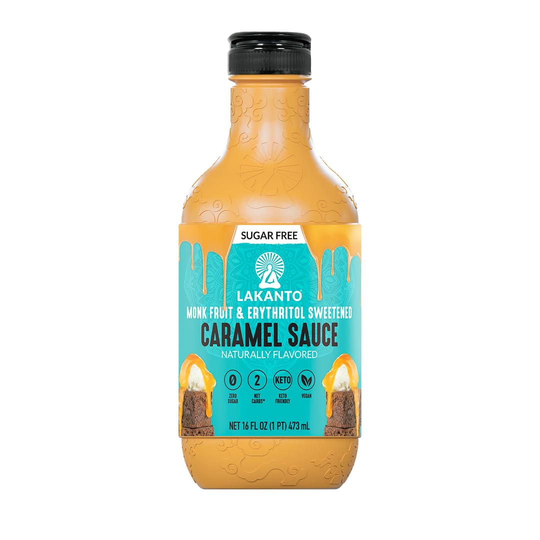 Lakanto frasco frontal mostrando salsa de caramelo sin azúcar, aspecto apetitoso