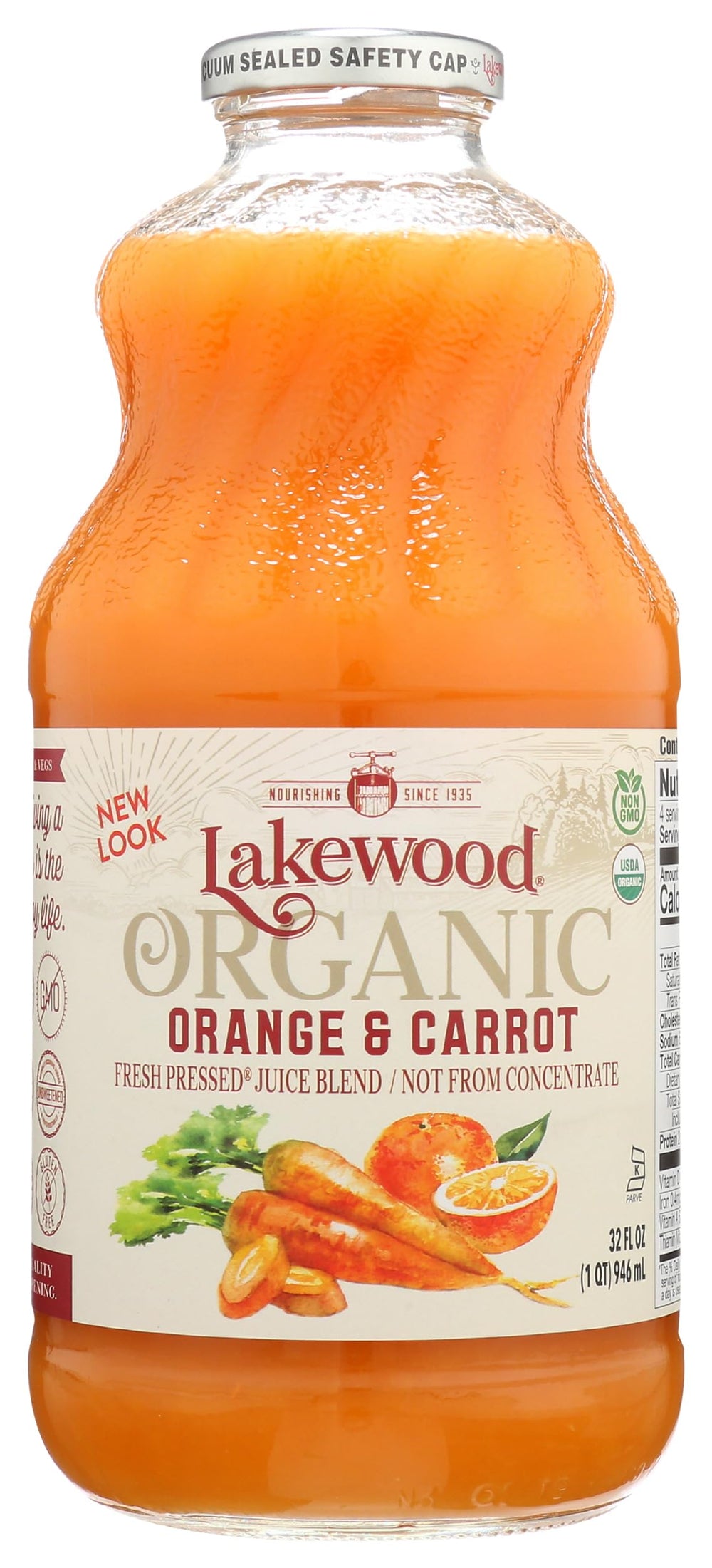 Lakewood frente de botella Orange & Carrot mostrando etiqueta clara y orgánica