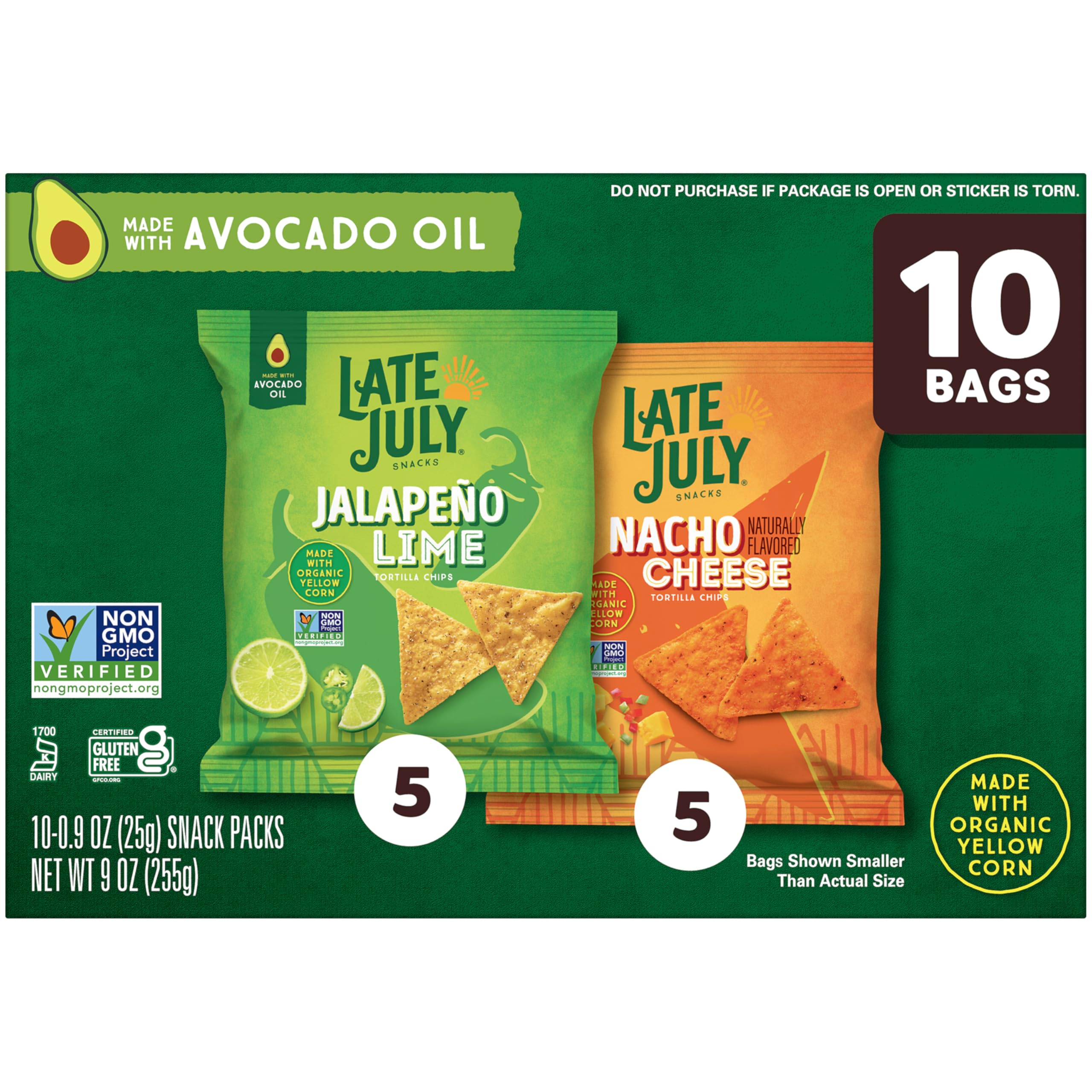 Late July etiqueta de ingredientes destacando maíz orgánico y aceite de aguacate