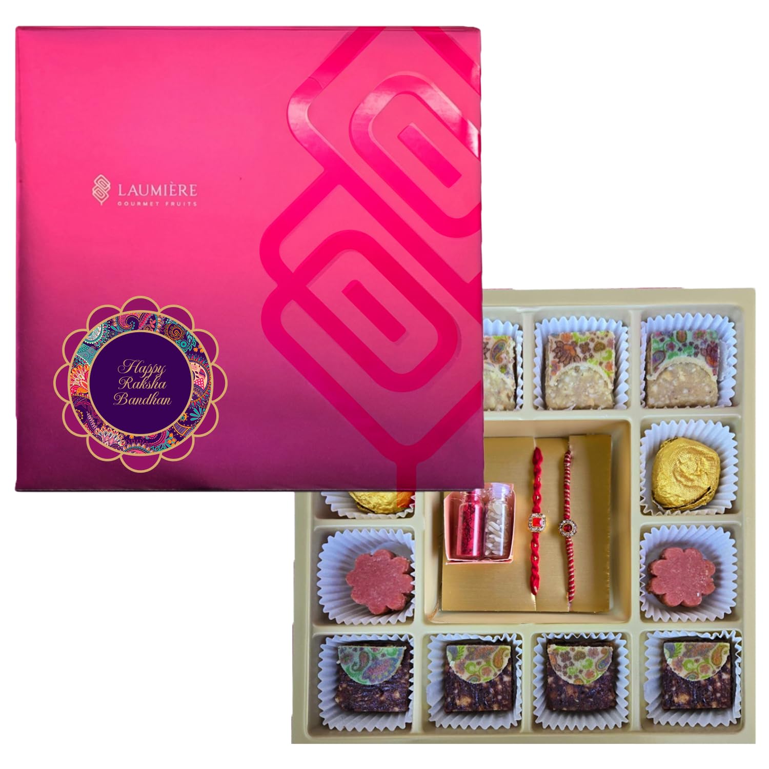 LAUMIÈRE GOURMET FRUITS primer plano de los 2 rakhis, diseño detallado y ceremonial