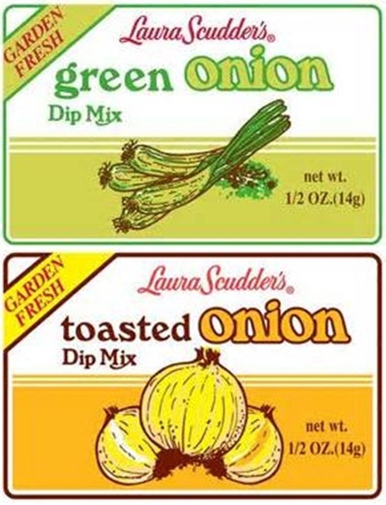 Laura Scudder's paquete frontal mostrando sobres de Green Onion y Toasted Onion, conveniencia y sabor