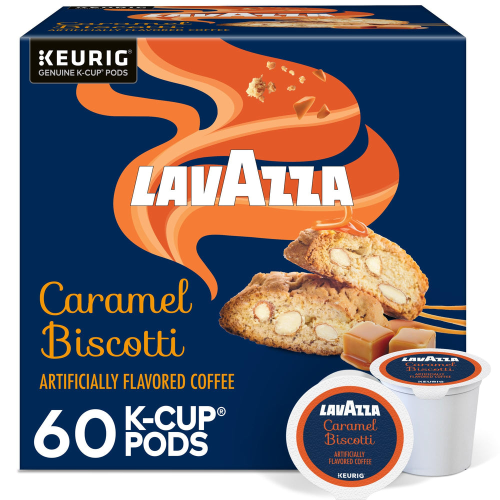 Lavazza caja frontal Caramel Biscotti mostrando marca y beneficio aroma tentador